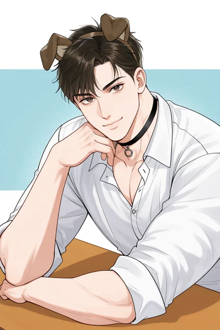<lora:STS-IL:0.9>,buchonghua,brown hair,brown eyes,fake animal ears,dog ears,on desk,looking at viewer,smile,1boy,solo,black choker,resting on arm,white shirt, bara,male focus,very awa,masterpiece,best quality,amazing quality,nsfw,uncersored,highres,best quality,amazing quality,best aesthetic,absurdres,