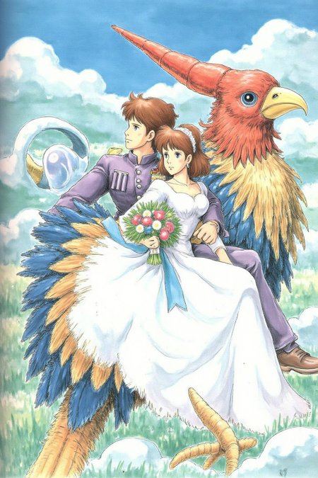miyaha1 manga illustration. 
A romantic scene with a couple, a woman, and a man, set against a dreamlike, fantastical backdrop. The woman, dressed in a flowing white wedding gown, is seated on the back of a stylized giant bird with a prominent red comb and a blue body. She holds a bouquet of flowers in her left hand and a blue ribbon in her right hand, which is resting on the man's shoulder. The man, dressed in a deep purple suit, embraces her from behind, with his head resting on her shoulder.   <lora:miyaha1_cap_d6a3e12:1.0><lora:818037785219953327:0>