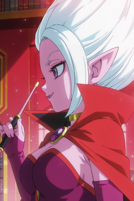 anime screencap, masterpiece, best quality, amazing quality, very aesthetic, absurdres, newest, (scenery, volumetric lighting), official style, dappled sunlight, light particles, light rays,
dr arinsu, official style, anime screencap, 1girl, solo, long hair, white hair, purple eyes, pointy ears, cleavage, gold choker, collared cape, red cape, two tone cape, strapless, strapless dress, purple dress, red trim, from side, profile, bridal gauntlets, purple armwear, red sash, looking at another, blurred background, indoors, bookshelf, makeup, lipstick, pink skin, colored skin, eyeliner, red theme, closed mouth, wand, upper body, red sky, cloud, smug, v-shaped eyes, smile
 <lora:DrArinsu_IL:0.8>