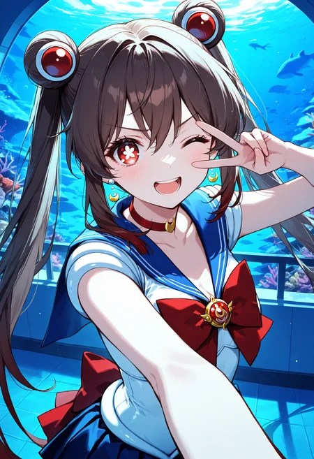 masterpiece, best quality, 1girl, solo, zzHuTao, long hair, brown hair, hair between eyes, twintails, sailor moon outfit, indoors, aquarium, aquarium tunnel, glass, blue theme, scenery, selfie, outstretched arm, taking picture, red eyes, flower-shaped pupils, (ceiling:0.85), (ceiling light:0.85), railing, tile floor, reaching towards viewer, upper body, looking at viewer, peace sign, hand up, v over eye, v-shaped eyebrows, one eye closed, smile, open mouth, teeth