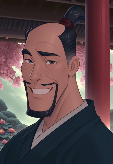 solo, masterpiece, detailed, ultra hd, best quality, 1boy, male, official art, w0lfc0nf, modern, new

DisneyFaZhou, black hair, facial hair, beard, topknot, japanese clothes, portrait, looking at viewer, smiling, japanese garden