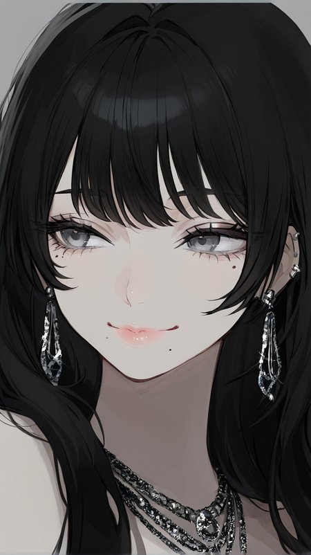 1girl, solo, long_hair, looking_at_viewer, smile, bangs, simple_background, black_hair, jewelry, closed_mouth, earrings, grey_background, mole, lips, grey_eyes, mole_under_eye, piercing, border, portrait, mole_under_mouth