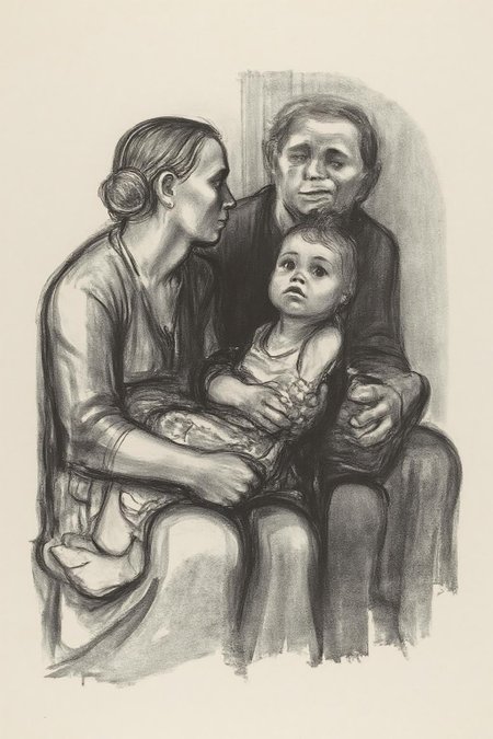 kako1 black and white charcoal drawing. This is a black and white drawing created using a charcoal medium, depicting a poignant scene of a family. The drawing features a mother, a father, and two children. The mother, seated on the left, is holding a baby on her lap. She has her hair pulled back and is wearing a long, simple dress. The baby, wrapped in a blanket, looks up at the viewer with a curious expression. <lora:kako1_litho_nocap_d6a3:1.0><lora:814726129211424572:0>