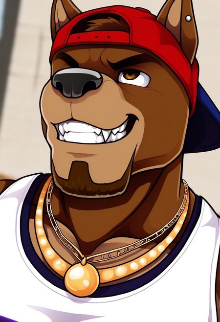 <lora:FletcherV1:1>, fletcher, dog boy, pitbull, brown fur, short hair, facial hair, tail, brown eyes, perfecteyes, muscular male, bara, athletic build, long torso, furry male, furry, 1boy, solo, beautiful, hyper-detailed, highres, depth of field, very aesthetic, vibrant colors, high sharpness, soft shading, dynamic angle, cinematic lighting, detailed background, white tank top, red shorts, backward red baseball cap, gold jewelry, necklace, close up, grin, fangs, cross arms, from above