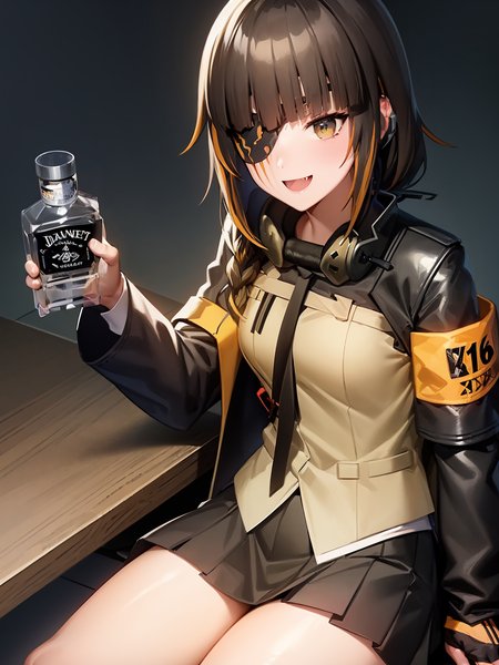 (extremely detailed CG unity 8k wallpaper),(masterpiece), (best quality), (ultra-detailed), (best illustration),(best shadow), (sharp eyeliner, eyeshadow, detailed eyes:1.1), sitting in bar
,BREAK
(M16gfl:1.2), (headphones around neck:1.2), armband, black jacket, brown hair, long sleeves, black tie, (holding jack daniel's bottle,:1.2), smile
<lora:M16GFL:1>