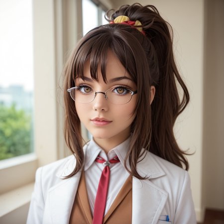 score_9, score_8_up, score_7_up, BREAK, source_real, raw, photo, amateur, realism,35mm photo,flash photo, highly detailed, portrait,  face photo, detailed skin, depth of field, detailed face,  colorful, vivid colors, volumetric lighting,detailed eyes,
1 girl
 <lora:rio-futaba-ponyxl-lora-nochekaiser:1> rio futaba, long hair, brown hair, brown eyes,, glasses, skirt, shirt, school uniform, white shirt, pleated skirt, glasses, collared shirt, black skirt, vest, red necktie, labcoat, white labcoat, brown vest,, shirt, hair ornament, school uniform, white shirt, ponytail, short sleeves, necktie, scrunchie, red necktie, hair scrunchie,, 
 floral dress, 
<lora:sdxl_lightning_4step_lora:0.8>