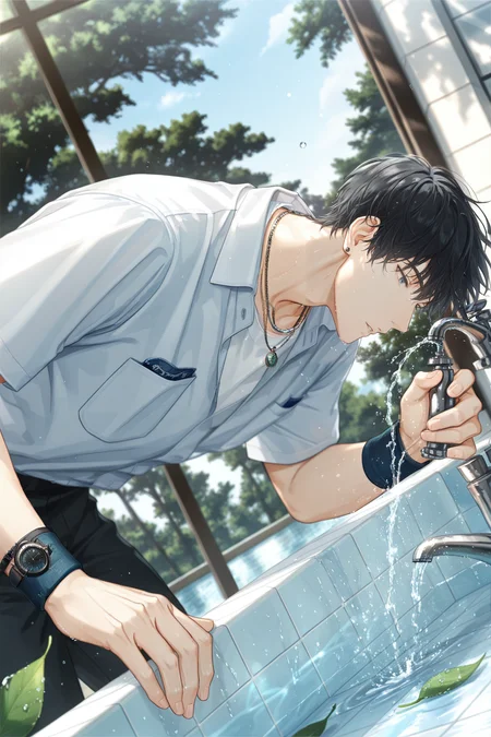 <lora:osborn-IL:0.8>,osborn, 1boy, black hair, male focus, solo, shirt, white shirt, leaf, faucet, short hair, water, jewelry, necklace, pants, short sleeves, day, outdoors, collared shirt, dutch angle, blurry, tiles, breast pocket, holding, tree, pocket, wristband, indoors, watch, water drop, from side,leaning forward,parted lips,bara,male focus,very awa,masterpiece,best quality,amazing quality,nsfw,uncersored,highres,best quality,amazing quality,best aesthetic,absurdres,