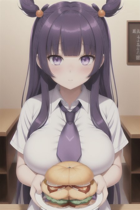1girl, anime screencap, asymmetrical bangs, bangs, blue neckwear, breasts, eating, food, hair ornament, highres, holding, holding_food, large breasts, looking down, mieruko-chan, necktie, orange_hair, purple eyes, school uniform, screencap, shirt, stitched, white_shirt, yurikawa hana