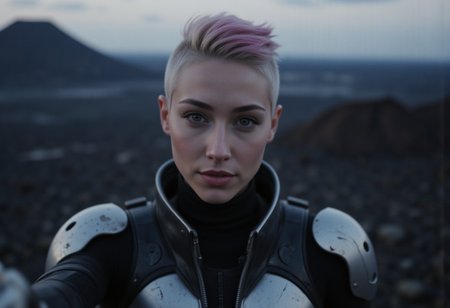 Front 3/4 view cinematic portrait mainstream action anime themed Picture illustration of a
happy ultra-feminine short haired pixie cut side shaved multi-color haired 25yo armored futuristic woman happily outstretching the hand towards the viewer.
The woman is looking straight to the viewer with charming eyesight, and sensually parted lips.
The cinematic angle put the face in focus while the rest of the image has a slight depth of field effect.
The background looks like the top view of a awaken volcano during summer season, at dusk, projecting very long shadows.
Many details everywhere. Ray-Tracing. Anti-Aliasing. Realistic reflections. Realistic soft shadows. Ironic.
Spiritual.
Partially introspective.
Uplifting.
Slightly desaturated colors. 
Visible paint strokes.  
Insane quality. Insane resolution. Insane details. Masterpiece. 
By "Daron Nefcy".
16k resolution