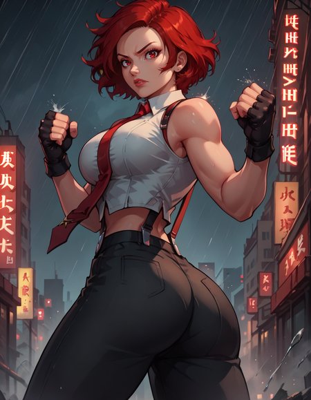 score_9, score_8_up, score_7_up,score_6_up, score_5_up, score_4_up ,1girl, solo,
large breasts,  
vanessadg,
short hair, red hair, red eyes, 
white shirt, gloves, necktie, sleeveless, pants, cropped shirt, suspenders,
city, night, rain, neon lights, lips,
from below, fighting stance, clenched hands, 
from behind, ass, 
 <lora:Vanessa KOF DG PonyXL v01-000003:1>