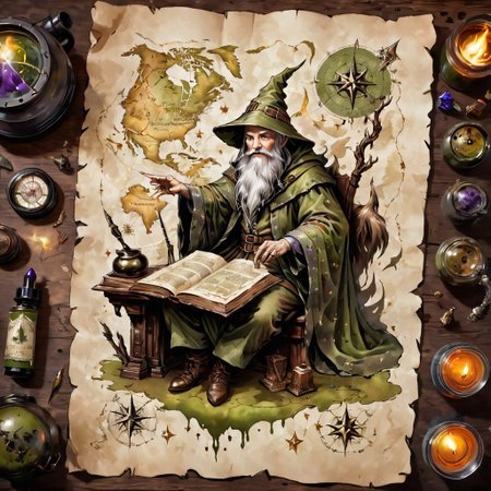 old book style ink illustration, on parchment on a map sitting on a wizard on desk, ((wizard's camo is olive drab)), ink splashes, ink stains, ink smears, faded ink, magical spell, paintless,