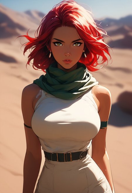 masterpiece, best quality, highly detailed, ultra-realistic, score_9, score_8_up, score_7_up, score_6_up, source_cartoon,  
BREAK  
1MILF, 40yo, curvy waist, large breasts, tanned skin, long red hair, wearing a flowing scarf, standing in a sandstorm, looking at viewer with a determined expression, sand swirling around her, dim lighting, desert landscape, faint scent of dust.  
BREAK  
sand blowing, hair slightly covered in sand, scarf flowing in the wind, motion_lines:1.5, motion_blur:1.5.  
BREAK  
atmospheric, emotional, raw sensuality, dynamic light, warm_light, soft focus, depth of field, cinematic composition