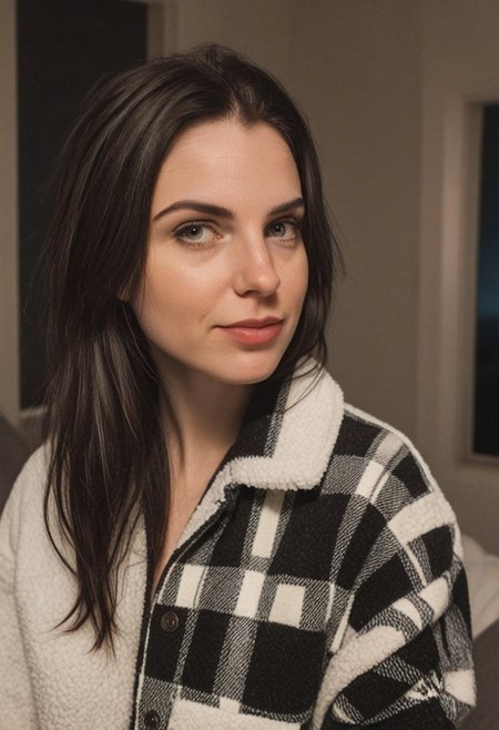 30yo woman wearing Plaid Polar Fleece Shacket with white textures 
long black dark hair slick back and smooth. Kissface. 
smile. Looking at camera. POV.
happy. 
Living room. Fully furnished.
Night time.
Portrait.