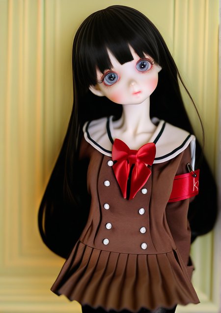 <lora:PIPOS:1.2>,1girl, shirokane rinko, detailed background, child, kid, big eyes style, armband, arms under breasts, black hair, black pantyhose, blush, bow, bowtie, breasts, brown dress, buttons, closed mouth, collarbone, cowboy shot, double-breasted, dress, eyelashes, fingernails, grey eyes, hanasakigawa school uniform, head tilt, long hair, long sleeves, looking at viewer, pantyhose, pleated dress, red bow, red bowtie, safety pin, sailor collar, school uniform, serafuku, short dress, sidelocks, signature, solo, standing, white sailor collar, 
very awa, masterpiece, best quality, highres, absurdes,amazing quality,year 2024,newest