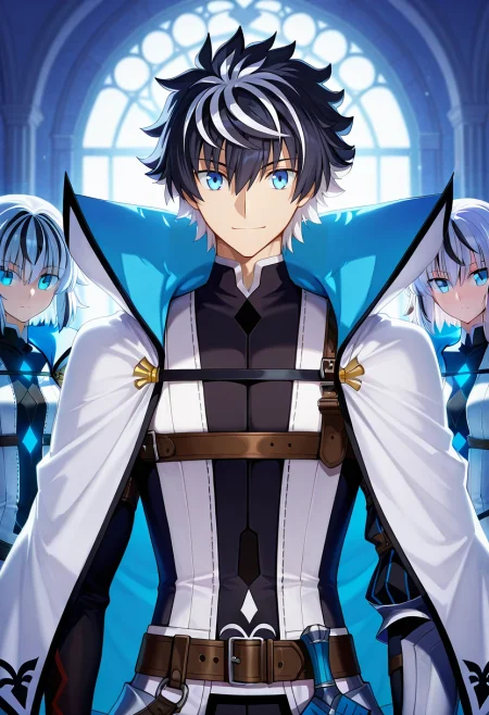 masterpiece, best quality, , anime screencap, , official style, looking at viewer, 1boy, solo, male focus, <lora:charlemagne_fate_ilxl:0.98>, charlemagne_fate, black hair, blue eyes, multicolored hair, white hair, two-tone hair, short hair, hair between eyes, bangs, streaked hair, cape, art gallery, sleek walls, radiant paintings, glowing sculptures, admiring pose, inspired expression, soft lighting,