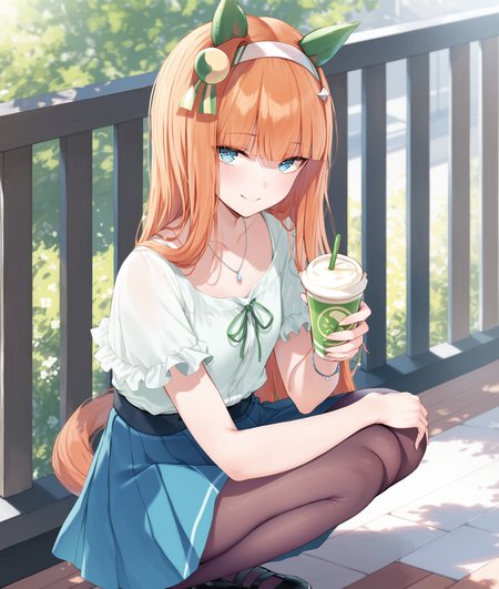 score_9, score_8_up, score_7_up BREAK
casual_clothes, 1girl, solo, long hair, looking at viewer, smile, bangs, blue eyes, skirt, shirt, holding, animal ears, jewelry, closed mouth, collarbone, tail, full body, white shirt, short sleeves, pantyhose, pleated skirt, hairband, frills, shoes, blunt bangs, necklace, black footwear, orange hair, cup, blue skirt, black pantyhose, squatting, horse ears, horse girl, blouse, casual, holding cup, mary janes, horse tail, drinking straw, white hairband, hime cut, frilled shirt, disposable cup, ear covers, 
<lora:silence_suzuka-ponyXL:1>,