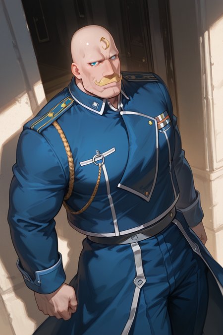 expressive manly face, 1boy, AlexArmstrong, blue eyes, bald, ahoge, AlexArmstrong_blonde_hair, No Eyebrows, Cleft Chin, Bara, Muscular, Giant, AlexArmstrong_uniform, amestris_military_uniform, Facial Hair, Magnificent Mustache, looking at viewer, smiling, manly, shiny skin, hands at side, uniform, armor, belt, shadow, dynamic angle, dynamic action, atmospheric perspective, intricately detailed, depth of field, masterpiece, best quality, amazing quality, very aesthetic, absurdres, newest, very awa