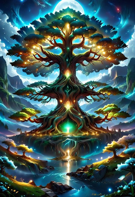 A captivating night scene illustration Yggdrasil tall on a large snowy mountain overlooking a lake. lthndrtrl, Yggdrasil, emits a warm glow, highlighting its incredible magic and grandness. The snowy  hill is covered in great pine trees, reflecting on the calm, moonlit snow  that mirrors the silvery moonlight. The full moon graces the sky, casting an ethereal glow on the clouds and mountain, while wispy clouds partially obscure its brilliance, adding to the scene's mystique. Twinkling stars dot the sky, creating a celestial tapestry that harmonizes with the moon's radiance. This enchanting artwork captures a serene and peaceful night, where the illuminated Yggdrasil stands resolute amidst the celestial beauty, creating a cinematic experience., illustration, cinematic, lthndrtrl, Yggdrasil
<lora:DonM3t3rn1tyXL-v1.1:0.7>, DonM3t3rn1tyXL,
OverallDetailXL  <lora:MJ52:0.3>  <lora:SDXLFaeTastic2400:0.4>  <lora:EpicF4nta5yXL:0.7>