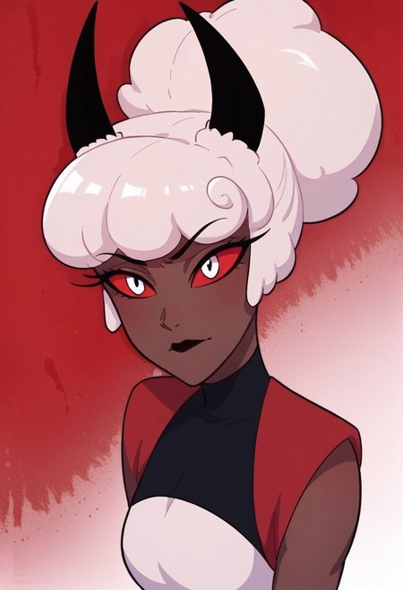 score_9, score_8_up, score_7_up,
masterpiece, best quality, detailed, amazing quality,
detailed background,
detailed eyes, clean eyes, 
dynamic pose,
solo, 1woman, woman,
easynegative,
c4rl4_c4rm1n3, white hair, dark skin, red white eyes, black horns