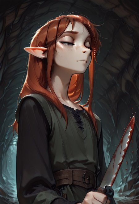 1person, solo, Lapanya, Malgha, freckles, pointy ears, Long-sleeve black shirt, green tunic,
Close up, looking downward, low angle, closed mouth, narrowed eyes, holding knife, stabbing, blood spray, cold expression,
Underground, organic cavern,
Masterpiece, high quality, highly detailed, perfect eyes,