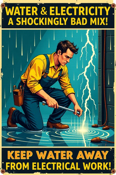 "Vintage safety poster cartoon depicting a worker foolishly attempting to repair electrical wiring while knee-deep in a puddle of water, rain pouring down around him and lightning flashing dramatically in the background. He's holding a wrench and screwdriver, with exposed, sparking wires dangerously close to the water.  His hair is standing on end, and a comical skull and crossbones appears momentarily above his head as electricity crackles around him.  The sign text in vintage font screams: 'WATER & ELECTRICITY: A SHOCKINGLY BAD MIX!  KEEP WATER AWAY FROM ELECTRICAL WORK!'  Render in a high-contrast, vintage cartoon style, using dramatic shadows and bright flashes of electricity to emphasize the danger.  Utilize a palette of electric blue, warning yellow, and stark black to create visual impact.  Visually stunning vintage cartoon, impactful safety message, high detail in rain effects, electrical sparks, and the worker's foolish actions." <lora:REMEs_War_Poster_Style:0.9> In REME's War Poster Style,âââ
