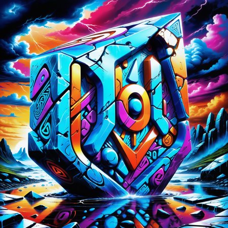 Jed-CyFut, masterpiece, full of details, positive emotional, Jed-Gr4ff1t1,wallpaper enginge, <lora:GraffitiStyle-000003:0.7>, <lora:CyberFuturisticStyle:0.7>, Warlike Rune stones, Stormy weather, Selective focus, expressive, emotion, dramatic, complex artistic color composition, glowing, fine detail, excellent composition, highly enhanced, highly color focused, dynamic dramatic atmosphere, shiny