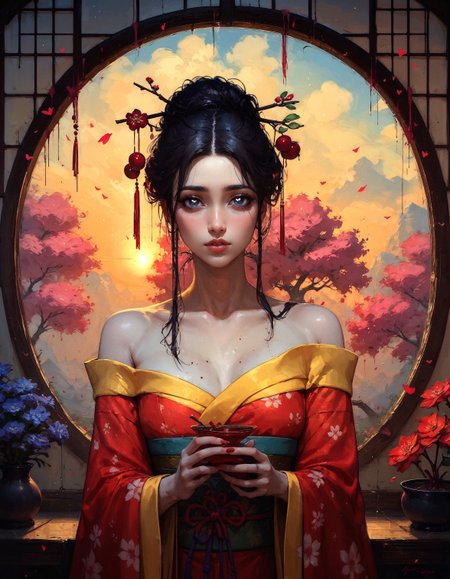 score_9, score_8_up, score_7_up, score_6_up, score_5_up, score_4_up,  1girl, sexy, 20 years old, face close up, half body portrait, (geisha hairstyle), big brown eyes, geisha makeup, modest look, seducing viewer, hearts, posing, sexy pose, solo, yellow floral kimono, off shoulder, bonsai, sakura, cherry blossom, submission, sunset, flowers, plants, heart-shaped pupils