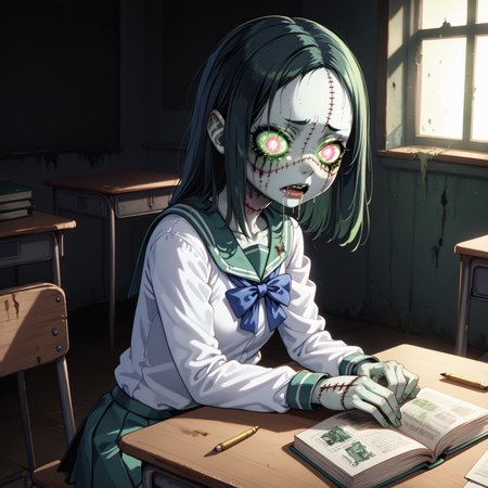 packetstyle, indoors, sitting at a desk reading a book, in a dark abandoned classroom, a solo zombie girl with glowing eyes, pale green skin, rotting flesh, stitches, and a torn school uniform, drooling