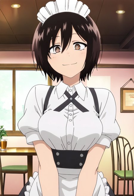 masterpiece, best quality, absurdres, detailed skin, detailed eyes, anime colored, anime screencap,
<lora:Kohakobe_Midori:0.8>, Kohakobe Midori, 1 girl, dark hair, hair between eyes, brown eyes, smile,  looking at viewer, 
maid, maid headdress, apron, white shirt, short sleeves, 
indoors, cafe,
