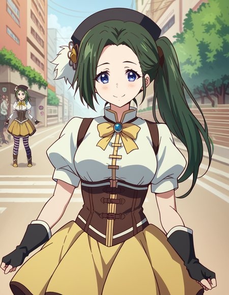 score_9, score_8_up, score_7_up, source_anime, <lora:haruhiko-mother-s1-ponyxl-lora-nochekaiser:1>, haruhiko mother, long hair, blue eyes, ponytail, green hair, medium breasts,, <lora:mami-tomoe-cosplay-ponyxl-lora-nochekaiser:1>, mamitomoecosplay, tomoe mami (cosplay), black gloves, black headwear, black thighhighs, brown skirt, detached sleeves, fingerless gloves, gloves, magical girl, pleated skirt, puffy short sleeves, short sleeves, skirt, corset, striped clothes, striped thighhighs, white shirt, white sleeves, ribbon,, outdoors, street, smile, blush, , dutch angle, cowboy shot