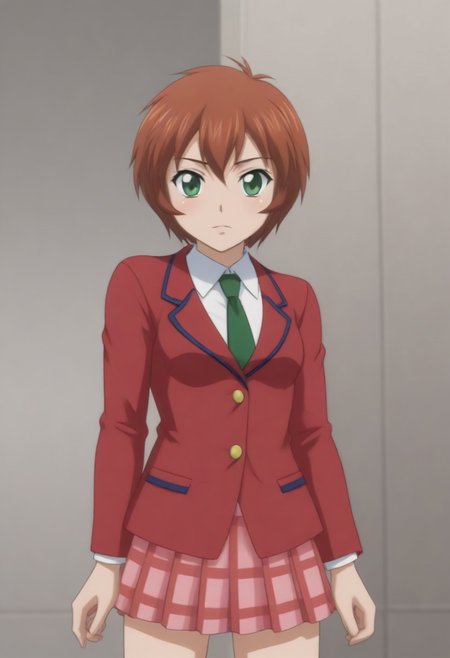 source_anime, anime screencap, source_anime, auratheguillotine, anime screencap, masterpiece, source_anime, shiny skin, 1girl, chinkyuu koudai, short hair, brown hair, green eyes, <lora:chinkyuu_pony-000007:0.8> red blazer, white shirt, green necktie, plaid skirt, pleated skirt,