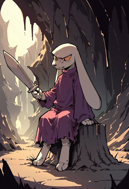 score_9,score_8_up,score_7_up, cave, shadow, lighting, king, purple dress, long ears, holding a sword, sitting on top of a destroyed robot with chucks of its pieces on the ground, cave, looking down
