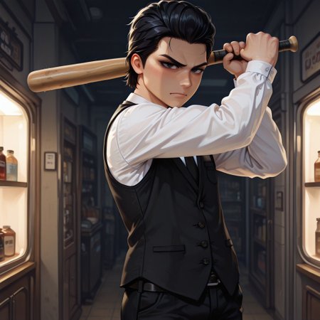 masterpiece,best quality,amazing quality,Alex766, Alex766Gacha, male, man, 1boy, masculine, rough, hair_slicked_back, short hair, black hair,black eyes, freckles, black waistcoat, necktie, white sleeves, black pants, shop cel-shading, store,  (dark:1.5), backlit, (upper body shot), holding baseball bat in hand, angry face, aggressive pose, angry pose, dynamic pose