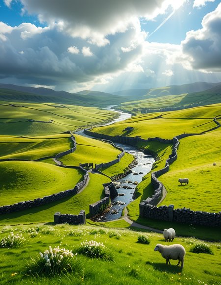 A breathtaking, high-resolution photograph of the rolling plains of Ireland, stretching endlessly under a vast, cloud-streaked sky. The landscape is a lush, vibrant green, with gentle hills covered in soft grass and dotted with scattered wildflowers. Ancient stone walls and winding dirt paths cut through the fields, marking old farmland boundaries. In the distance, a few solitary sheep graze peacefully, their white wool contrasting against the emerald grass. A small, clear river meanders through the valley, reflecting the soft light of the sky. The horizon is framed by low, misty mountains, adding depth and mystery to the scene. Above, the sky is a mix of bright blue and fluffy white clouds, casting dynamic shadows across the landscape as beams of sunlight break through. The atmosphere is serene, timeless, and rich with the natural beauty of the Irish countryside.
<lora:SDXLFaeTastic2400:0.4> <lora:extremely_detailed:0.4> extremely detailed, <lora:rolling_plains_of_1r3l4nd:1>,rolling plains of 1r3l4nd, Masterpiece,best quality,hi res,8k,hi res,8k,award winning,(sharp focus, intricate, highly detailed),