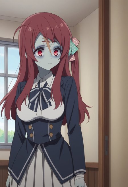 score_9, score_8_up, score_7_up, source_anime, highly detailed, 
sakuraminamoto, 1girl, scar on forehead, bandages, solo, red eyes, red hair, scar, polka dot,
school uniform, scar on face, long hair, bow, upper body, skirt, colored skin,
underbust, polka dot bow, blue skin, hair bow, 
ahoge, pleated skirt, white skirt, ribbon, standing, zombie costume,