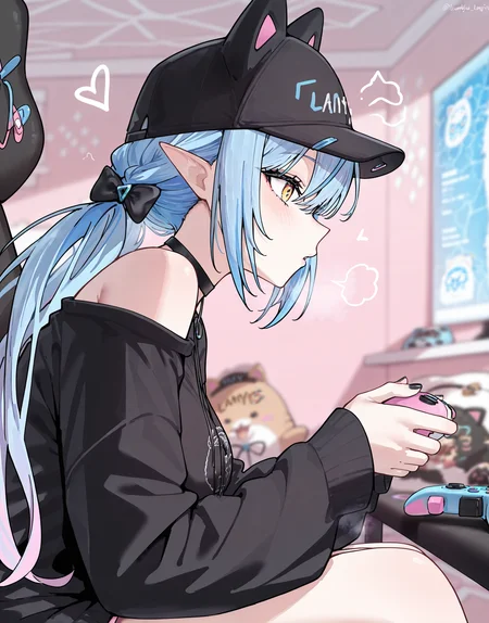 masterpiece, perfect quality, best quality, absolutely eye-catching, absurdres, highres, newest, 1girl,  <lora:yukihanalamygamingoutfitIllustriousXL:1>, lamygaming, hat, black shirt, nail polish, controller, from side,
