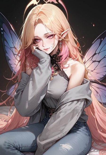 score_9, score_8_up, score_7_up, score_6_up, score_5_up,  <lora:frengXLP:1> freng, 1girl, 
grey hoodie, denim pants, (pink) gradient hair, shoulders length hair,
BREAK
(score_9, score_8_up, score_7_up), (Masterpiece), (expressive eyes), 1girl, Expressiveh,
Titania, butterfly wings, large wings, pointy ears, long blonde hair,
<lora:MGE_V5.1:0.5>