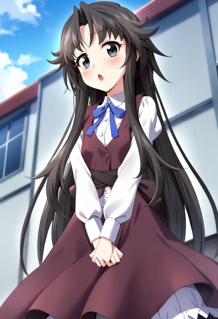 1girl, chisa\(memories off 6\), solo, sky, outdoors, long sleeves, open mouth, v arms, burgundy-color dress, dark red waistband, white shirt inside, frills, blue neck ribbon, black long hair, black eyes, :o, looking at viewer, blush, buttons, masterpiece, best quality, very aesthetic, absurdres,  <lora:chisa:1>