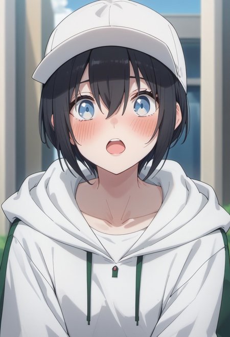 score_9, score_8_up, score_7_up, source_anime, nonoa, black hair, blue eyes, short hair, 1girl, hat, solo, blush, hood, hair between eyes, hoodie, white headwear, hood down, white hoodie, open mouth, baseball cap, looking at viewer, collarbone