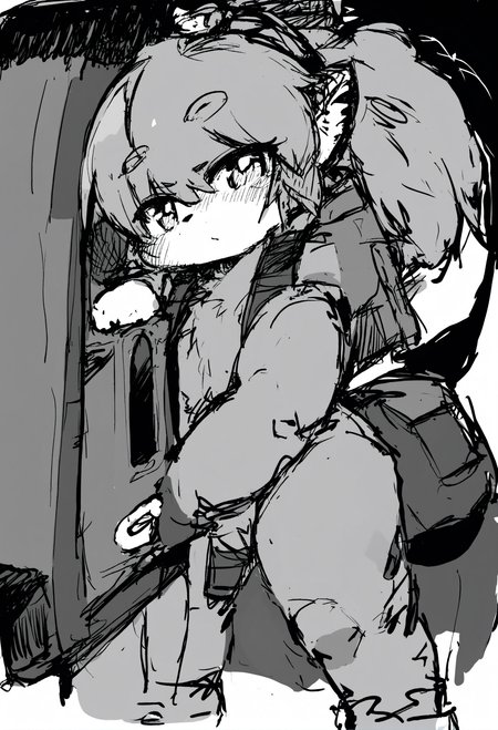 masterpiece, hyper detailed, best quality,(furry:1.3),1girl, solo, monochrome, white background, simple background , sketch, gun, greyscale, standing, looking at viewer  ,<lora:DAGASIXLlokr8f-000188:0.95>