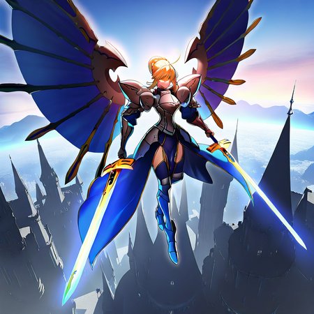 highres, best quality, masterpiece, very aesthetic, newest, year_2024, year_2023, year_2022,<lora:DorugoramonIllustrious:1>, dorugoramon,solo, 1girl,artoria pendragon_(fate),holding sword,armor,wings,glowing eyes,flying,outdoors,castle,blonde hair,single hair bun