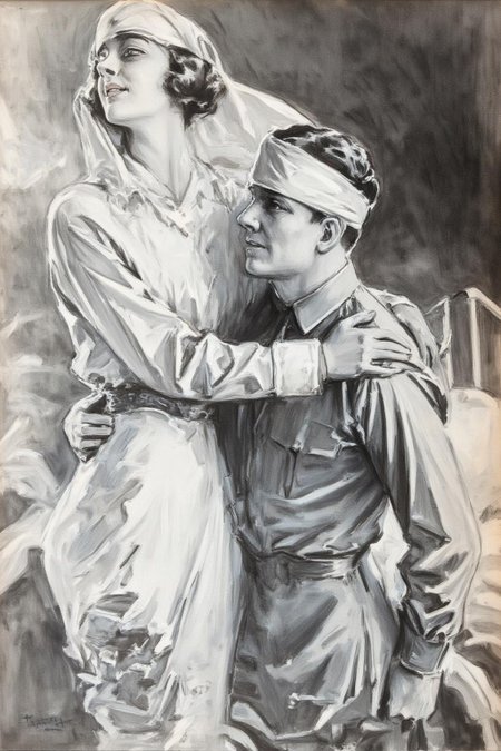 howardchandlerchristy1 illustration.
Monochrome illustration of a Red Cross nurse and a man with a head bandage inside a hospital in the early 20th century. The man is sitting on a hospital bed and has his arm around the nurse's waist. The female nurse is standing with her hands resting on the man's shoulder. Her head is raised slightly, and she is looking to the left. <lora:howardchandlerchristy1_d8a4e11:1.0><lora:865841017096561354:0>