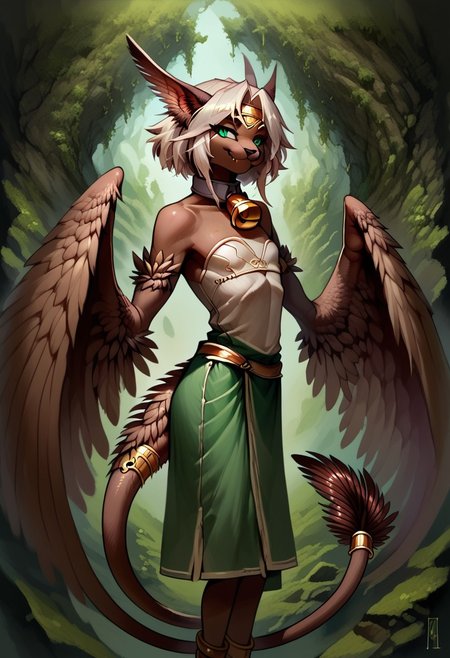 [Palagiri]:0.5
1 person, solo, androgynous, flat chest, anthro, ((tail, prehensile tail, feathers at tip of tail, y-shaped tail feathers)):1.4, ((wingarms, winged arms)), feline face, feline nose, feline ears, long tail, large wings, ((wings folded close to body)), 
1girl, Aishaxl, green eyes, messy hair, white hair, single braid, circlet, collar, neck bell, white crop-top, brown legs, green loincloth, bare shoulders, anklet,
((smug expression, grinning)),
((Brown tail)):1.2, 
 close up, upper body focus, side view,
Style: advntr, 4byss,
((cavern background, wall hangings, organic chamber, soft light, luminous moss)),
detailed face, detailed feathers, detailed wings, good lighting, semi-realistic, rating: pg, score: 8 up, score: 9