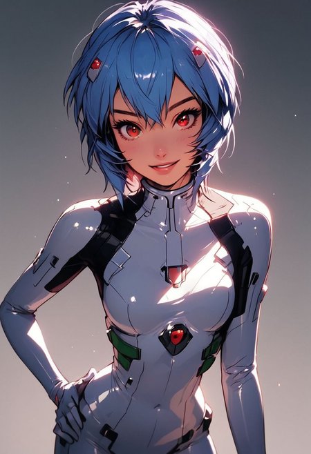 score_9, score_8_up, score_7_up, score_6_up, source_anime, fantasy anime,photorealistic,masterpiece,pov,source_hentai, detailed eyes, 1girl, ayanami rei, solo, plugsuit, red eyes, bodysuit, white bodysuit, blue hair, short hair,hand on hip, shiny clothes,reflection, happy,shiny, skin tight, interface headset, simple background, <lora:Takeshi Kazaki:0.8>