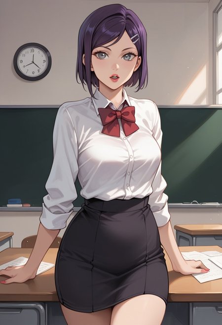score_9, score_8, score_7, score_6, source_hentai,high quality, highly detailed digital-painting,
milf body, medium breasts, grey eyes, small nose, red lips, long eyelashes, dark purple hair big topknot single-bun,
wearing teacher outfit, white shirt long sleeves, bow-tie,  straight-skirt,
desk, indoor background, 
top view, half body shot, crotch, open mouth, standing pose, wavin, 
(fujii natsuki, short hair, sidelocks, asymmetrical sidelocks, hairclip)