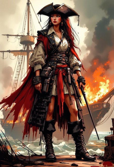 inksketch,  portrait of a stunning chinese pirate woman, tricorne hat, bandana, holding flintlock musket, standing on deck of burning ship