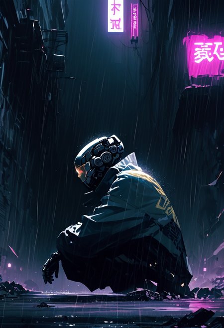 score_9,score_8_up,score_7_up, color charcoal drawing, Cyberpunk Techpriest kneeling in a neon-lit alley, repairing a damaged machine. flowing robes with glowing Islamic geometric patterns and intricate Arabic calligraphy. Mechanical arms and tools extend from their back, glowing softly. A futuristic mask with intricate designs covers their face. Rain reflects bright green, blue, and purple neon lights from signs and scattered debris, creating a gritty yet serene atmosphere. sinozick style, flat color, dark theme, anime, cyberpunk