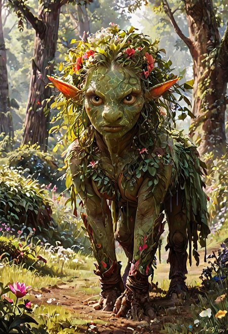 elf flora  <lora:fantasy_world_pony:1> creature, monster, score_9, score_8_up, score_7_up, masterpiece , detailed , well drawn