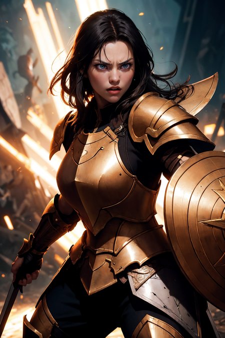 an illustration of a female paladin adorned in holy armor, wielding a holy shield, furrowed brow, fighting stance, 
masterpiece, best quality, intricate detail, high background detail, high contrast,   <lora:emotion_angry_slider_v1:1> raytracing,  <lora:backlight_slider_v10:-1> <lora:contrast_slider_v10:2>