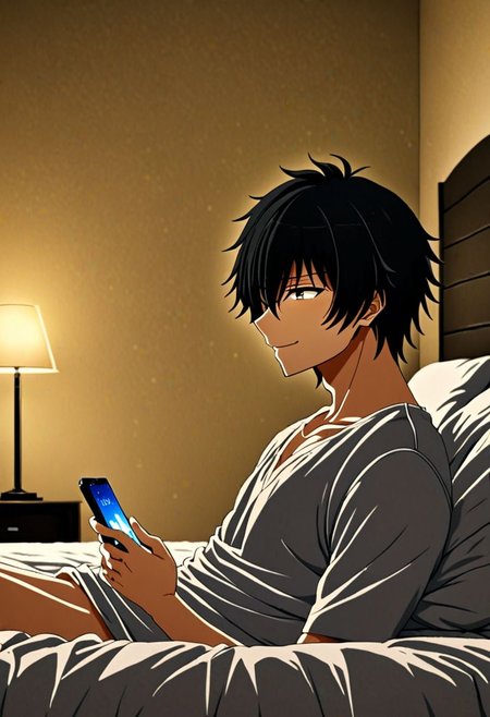 high resolution, solo, best quality, 1Boy, Seiya Kanie, black hair, short hair, holding smartphone, sit, on the bed, happy, side view, indoor, bed, bright, OverallDetail